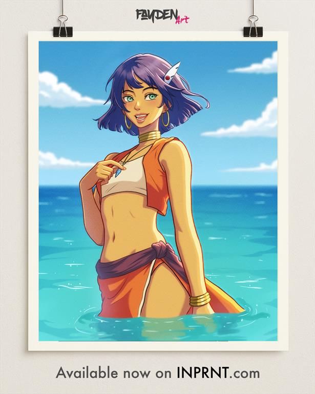 
a print featuring nadia from the anime Nadia and the secret of blue water, standing in the ocean under a bright, clear blue sky.