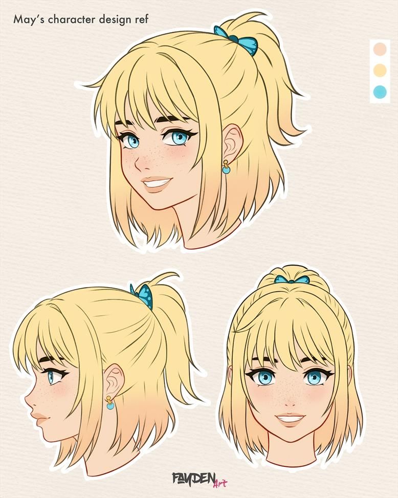 A face character design reference sheet for my original character May, three headshots from the front, side, and three-quarter view.