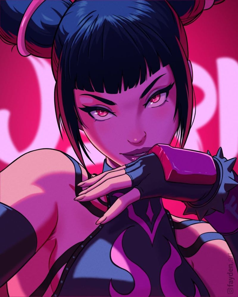 Juri from street fighter, pink violet dark lighting, portrait, looking like she is going to kiss you then bite you to death