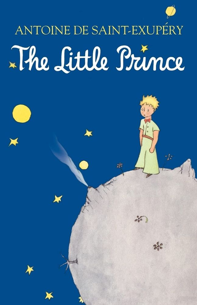 The book cover for The Little Prince shows a blonde boy standing on a small round gray planet looking out at the stars.