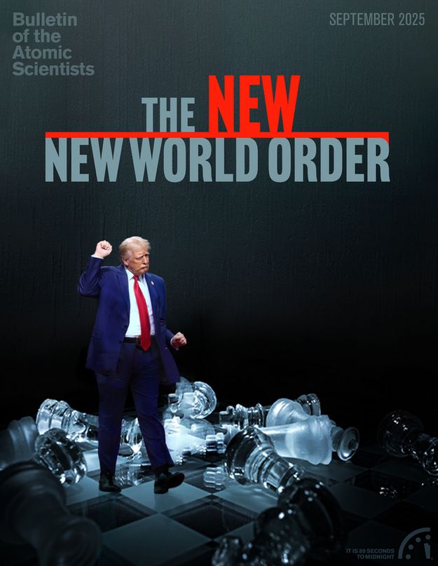 Bulletin magazine cover with the title: "The NEW new world order." The photo-illustration shows Donald Trump walking, about to pump his fist and looking like he's dancing, on a chess board surrounded by knocked-over chess pieces.