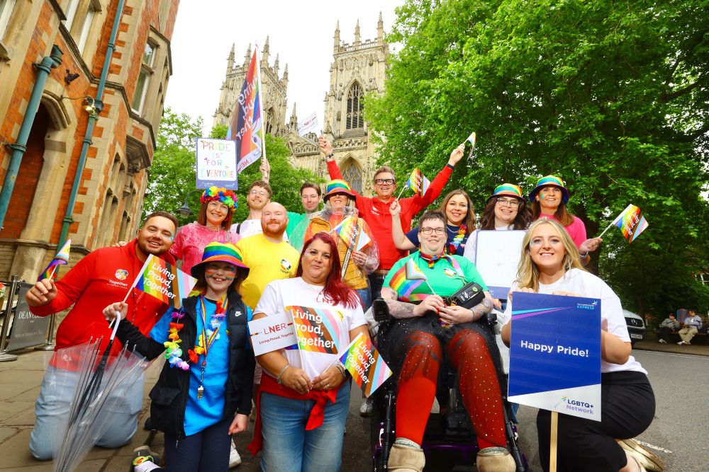 Pride participants outside York Minster
