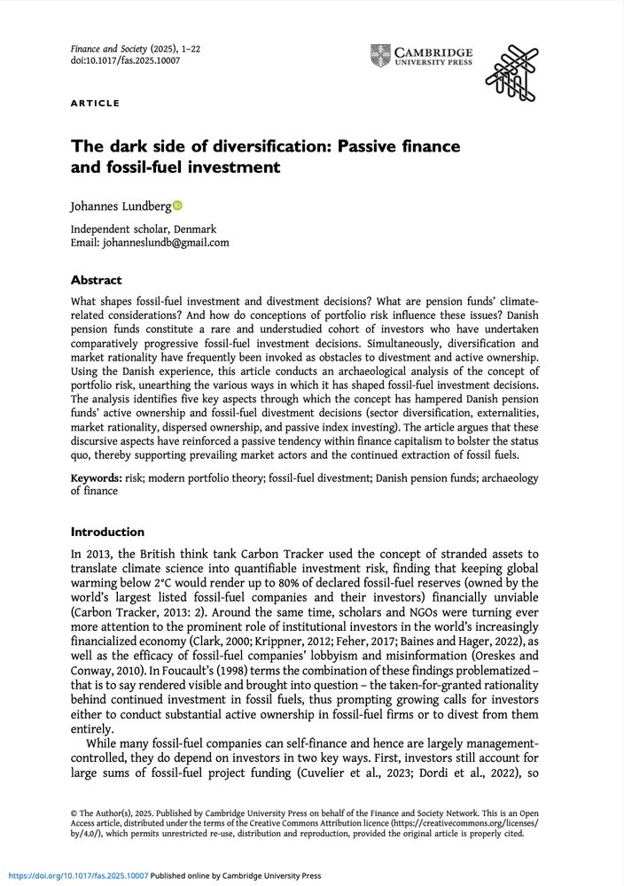 Picture of the article called 'The dark side of diversification: Passive finance and fossil-fuel investment'