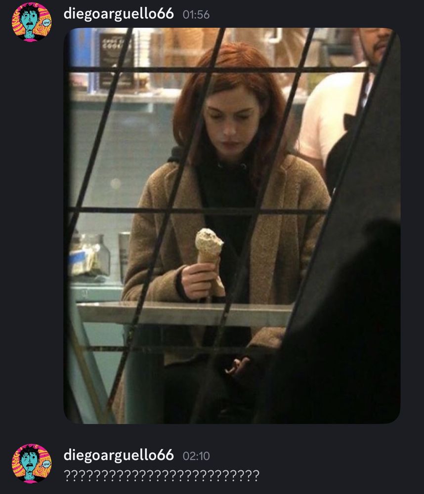 anne hathaway meme eating an ice cream cone sad and then a bunch of ?????