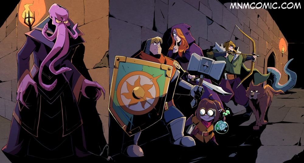 Illustration of a mindflayer turning the corner in a dungeon hallway. On the other side of the corner is a human paladin, an elf thief, a gnome alchemist, a human ranger, and a wolf, preparing to get the jump on the mindflayer. The ranger and wolf are running from a mysterious tentacle coming out of a doorway.
