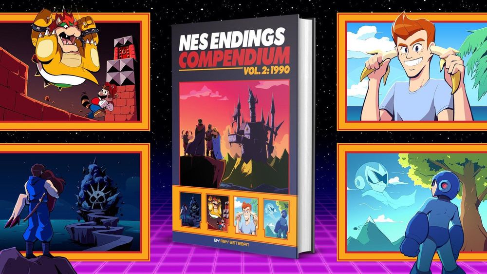 Promotional image for the second volume of Rey Estaban’s NES Endings book. The cover features various illustrations by me, including:

-Trevor Belmont, Sypha Belnades, Grant Denasty, and Alucard watching Castlevania crumble in sunset.
-Bowser buttslamming Mario
-Ryu Hyabusa and Irene watching a temple crumble over an ocean scene
-Mike from Startropics with bananas in his ears
-Mega Man looking up at a projection of Proto Man’s face in the countryside as wilt’s UFO flies away