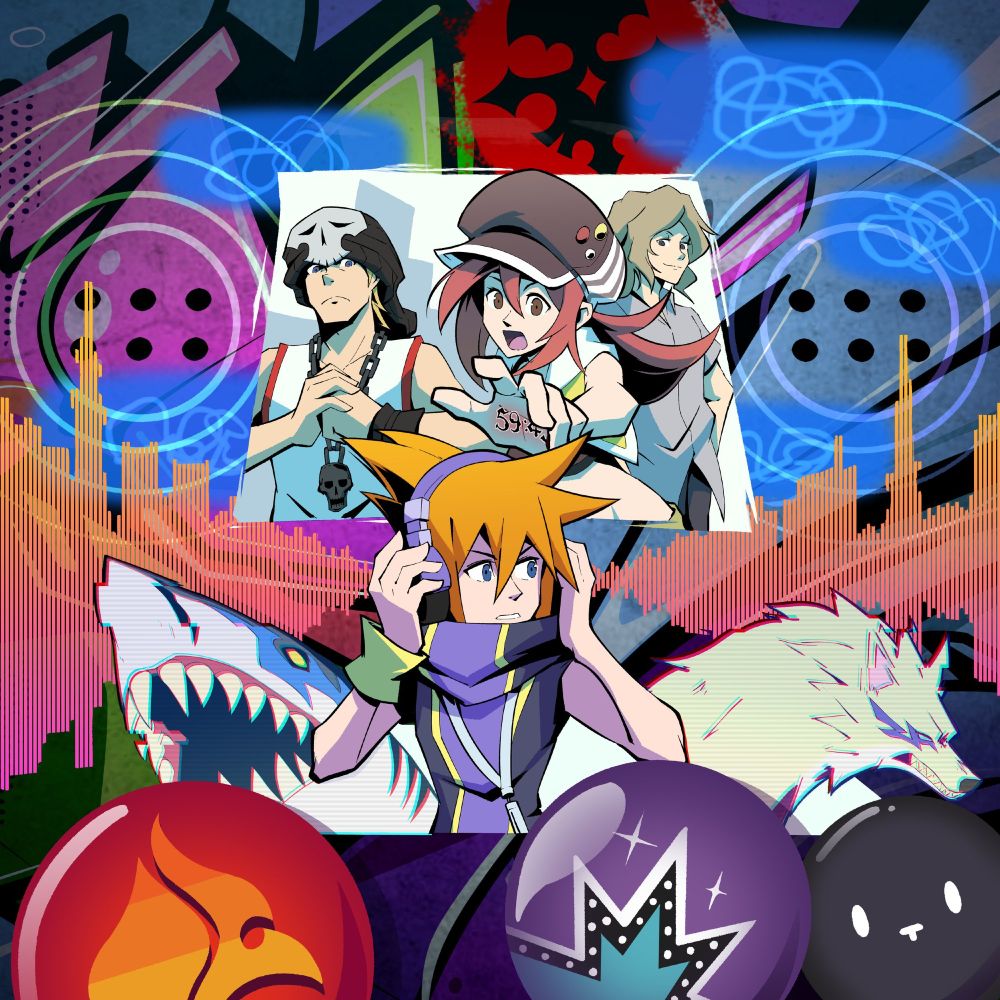 Illustration for an episode of Retronauts featuring the Nintendo DS game "The World Ends With You". The game's protagonists and monsters are in an abstract visual landscape of graffiti, DS screen/style windows, and audio visualizer shaped like a Tokyo cityscape.