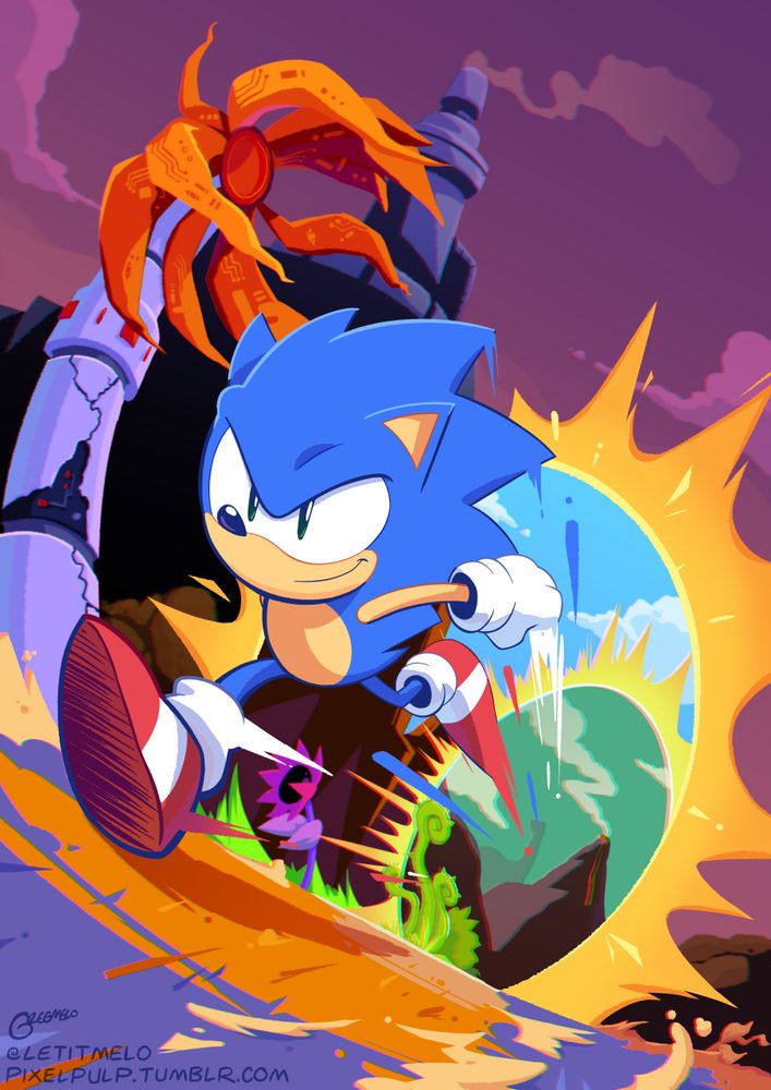 Sonic the Hedgehog running through three time periods of Palmtree Panic.