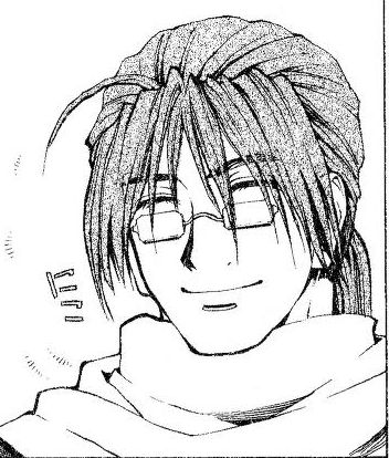 A panel from the Dead Or Alive 2 comic anthology, showing a casually dressed Ryu Hayabusa wearing glasses smiling with his eyes closed.