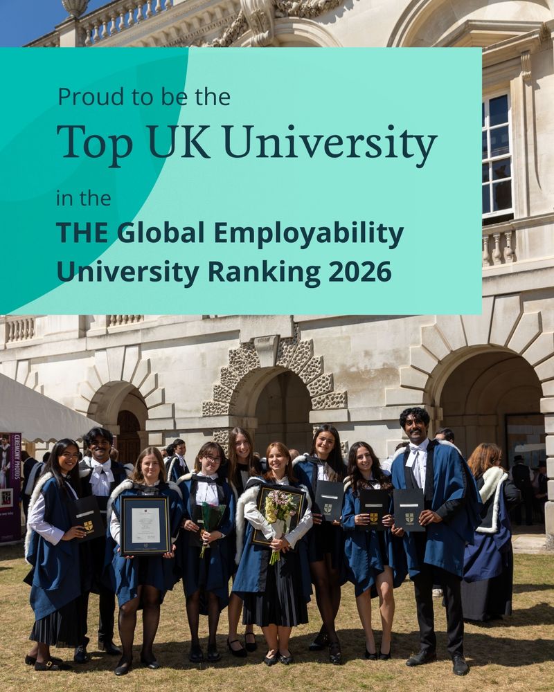 A diverse group of Cambridge University graduands in formal gowns posing proudly in front of Senate House. Some are holding framed certificates and some flowers. Above them is the text 'Proud to be the Top UK University in the T.H.E. Global Employability University Ranking 2026.