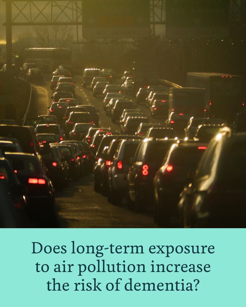 Traffic congestion on a highway at sunset, with overlay text that reads: "Does long-term exposure to air pollution increase the risk of dementia?".