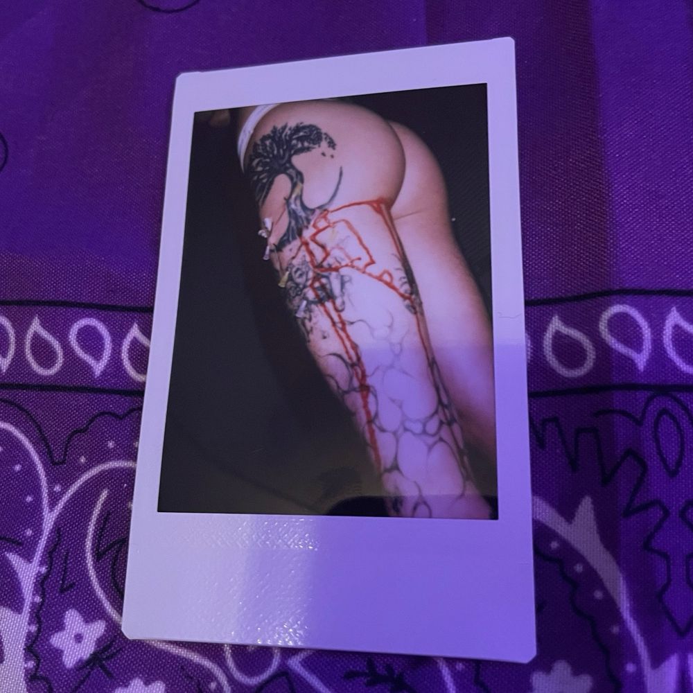 polaroid of boy mischief's ass, dripping with blood, filled with needles