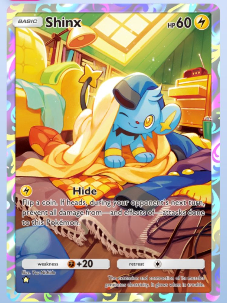 The image the pokemon Shinx hiding amongst clothes from the mobile app: "Pokemon TCG Pocket".