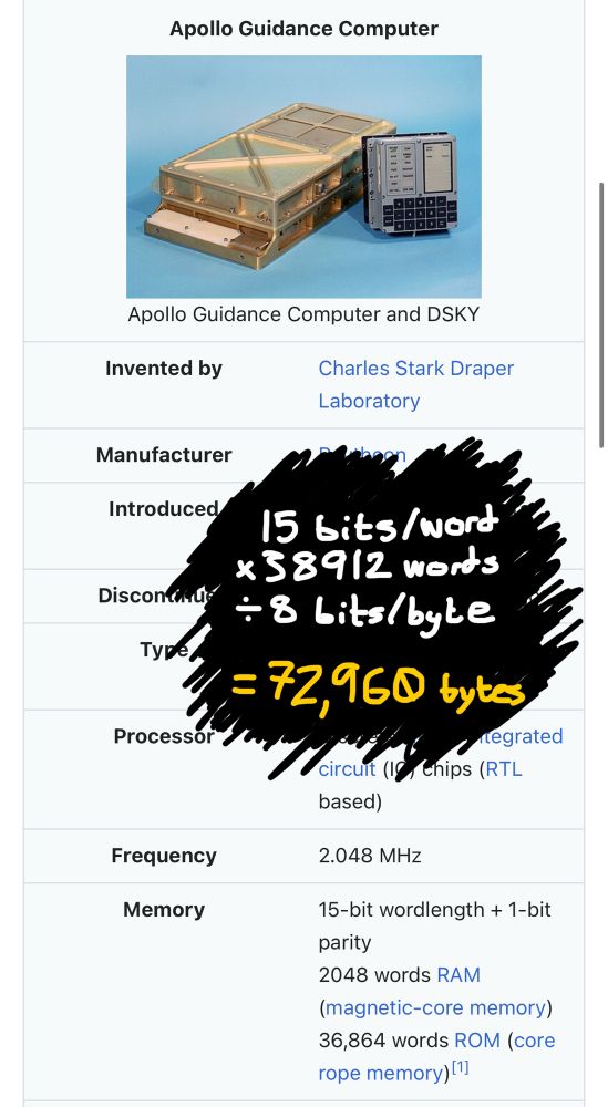 picture of the Wikipedia article for the Apollo Guidance Computer, which has (36864 ROM + 2048 RAM) words of memory at 15 bits per word. this is then calculated to be equal to 72,960 bytes of memory by a handwritten calculation on the image.

(2 TB / 72960 bytes = 27.41 million)