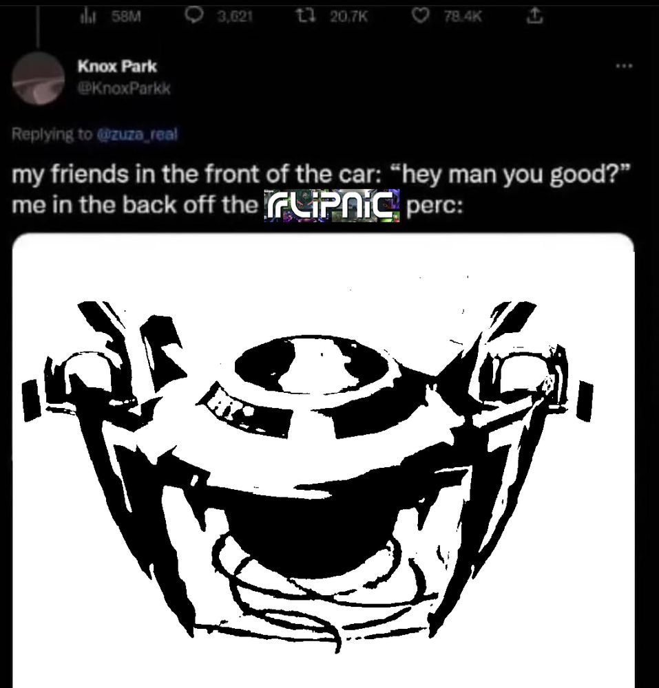 edited twitter screenshot. "my friends in the front of the car: "hey man you good?" / me in the back off the FLIPNIC perc:". the image attached is a picture of the spider crab from said game, with the contrast increased so hard it's just black and white