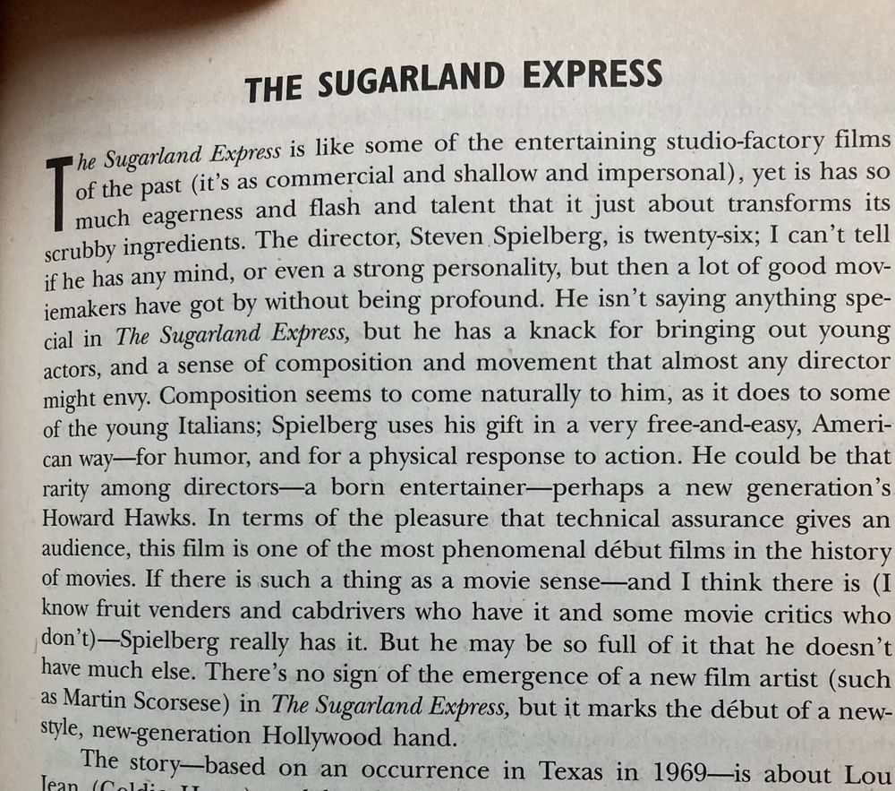 first paragraph of Pauline Kael's review of the Spielberg film Sugarland Express.