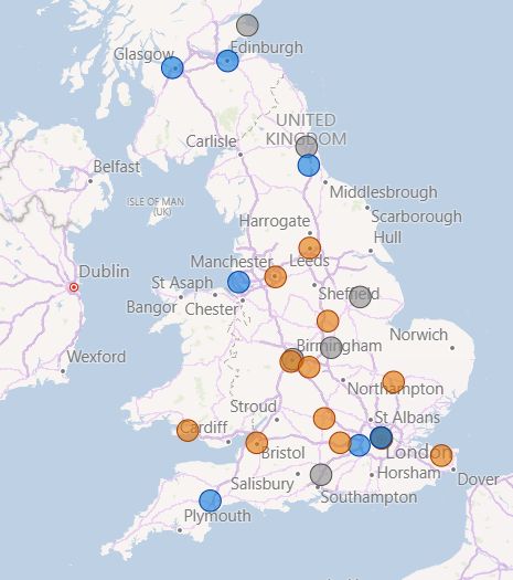 A map of the UK overlaid with colour coded circles that show the concentration of student numbers across different regions. 