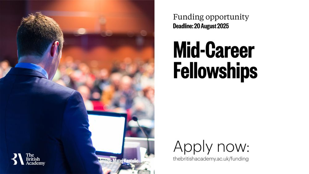 White banner with an image of a person speaking in front of an audience during a presentation. The words 'Mid-Career Fellowships' are written on the right-hand side. 