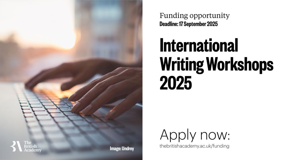 White banner with a close-up image of a person's hands typing on a laptop keyboard. The words 'International Writing Workshops 2025' are written on the right-hand side. 