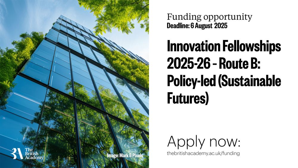 White banner with an image of an eco-friendly skyscraper. The words 'Innovation Fellowships Scheme 2025-26 Route B: Policy-Led (Sustainable Futures)' are written on the right-hand side. 
