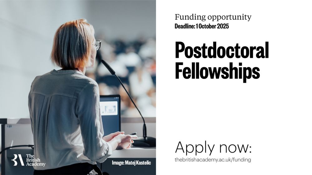 White banner with an image of a lecturer giving an academic presentation. The words 'Postdoctoral Fellowships’ are written on the right-hand side. 