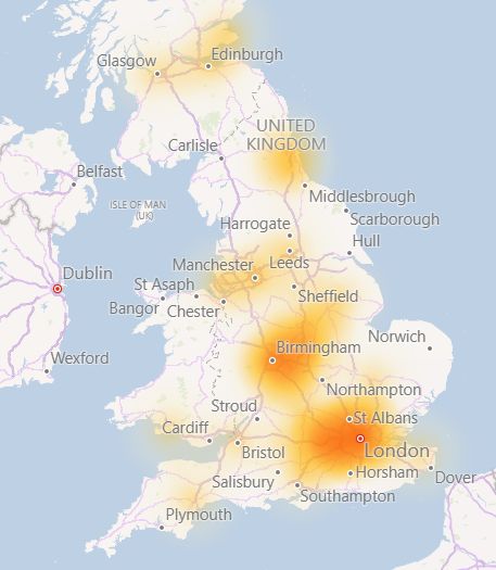 A map of the UK, overlaid with a heat map that displays 'cold spots' where there is a lack of provision of social sciences and humanities higher education courses. 