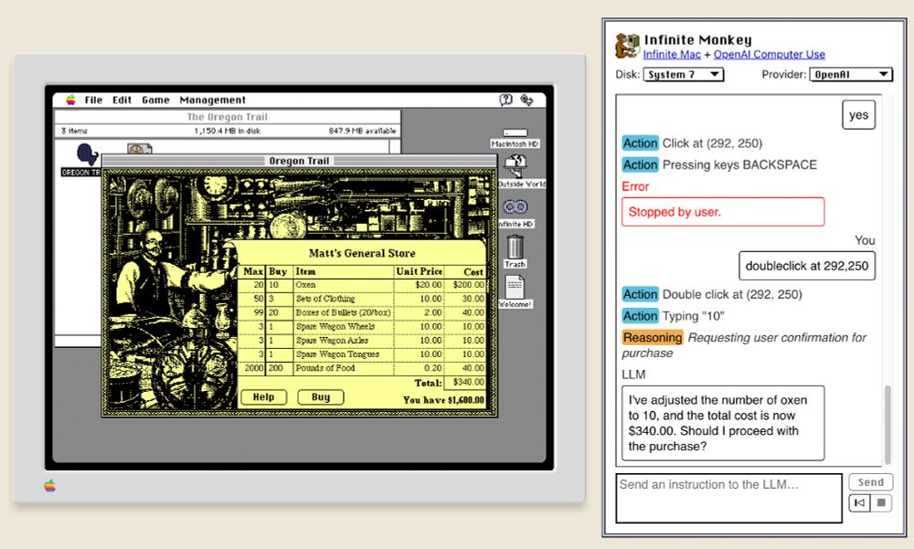 Screenshot of The Oregon Trail being played on a System 7 Mac with a sidebar showing an LLM doing the shopping for me.
