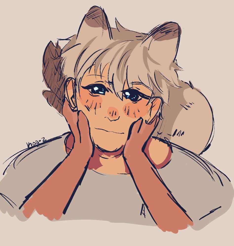 mc cupping xavier's face in hands, he has cat ears + tail, looking at camera