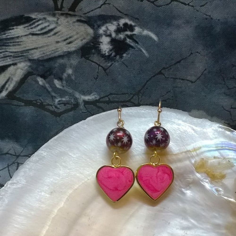 Pink Hearts and Starry Skies Earrings