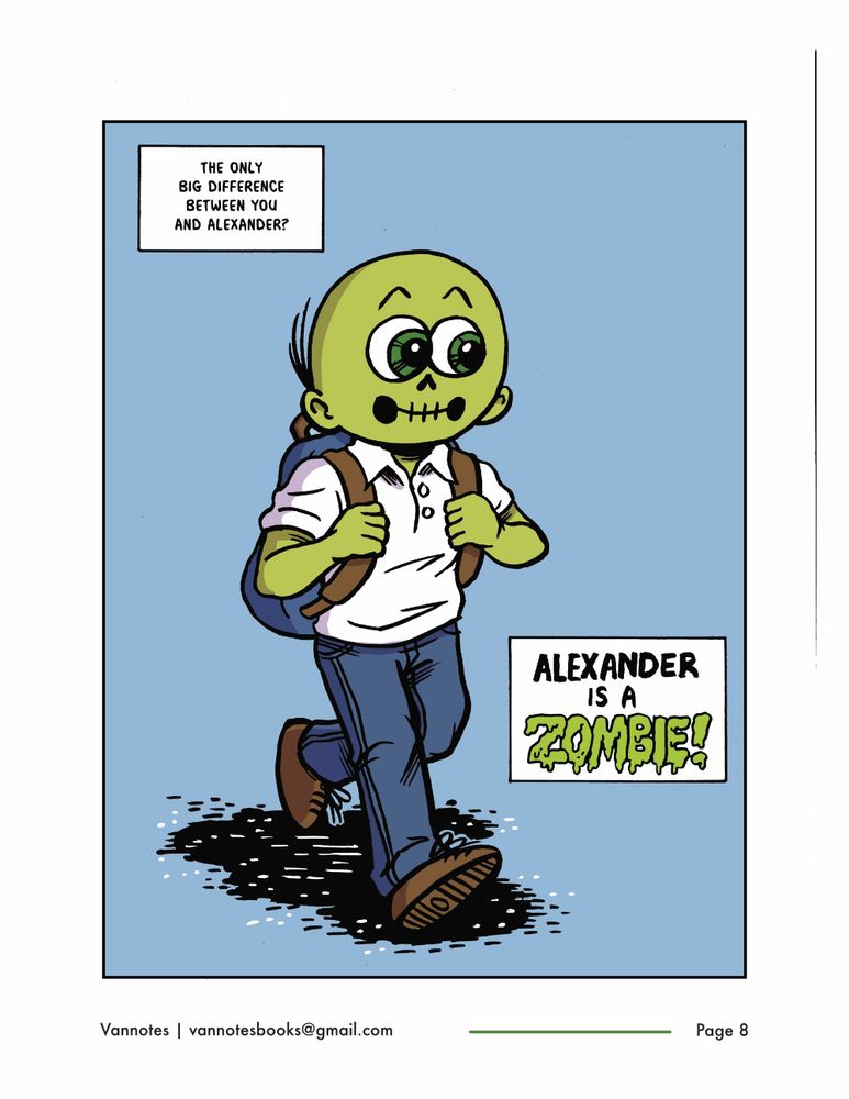 A comic page of a zombie boy named Alexander.