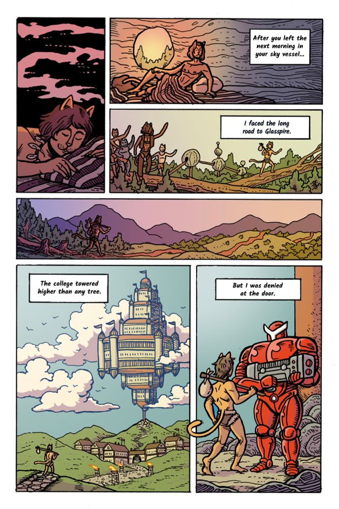 A page drawn by Vannotes for the anthology Far Away Ansible. It shows the main character from their short story journeying through a fantastical landscape and encountering an armed guard at the end.