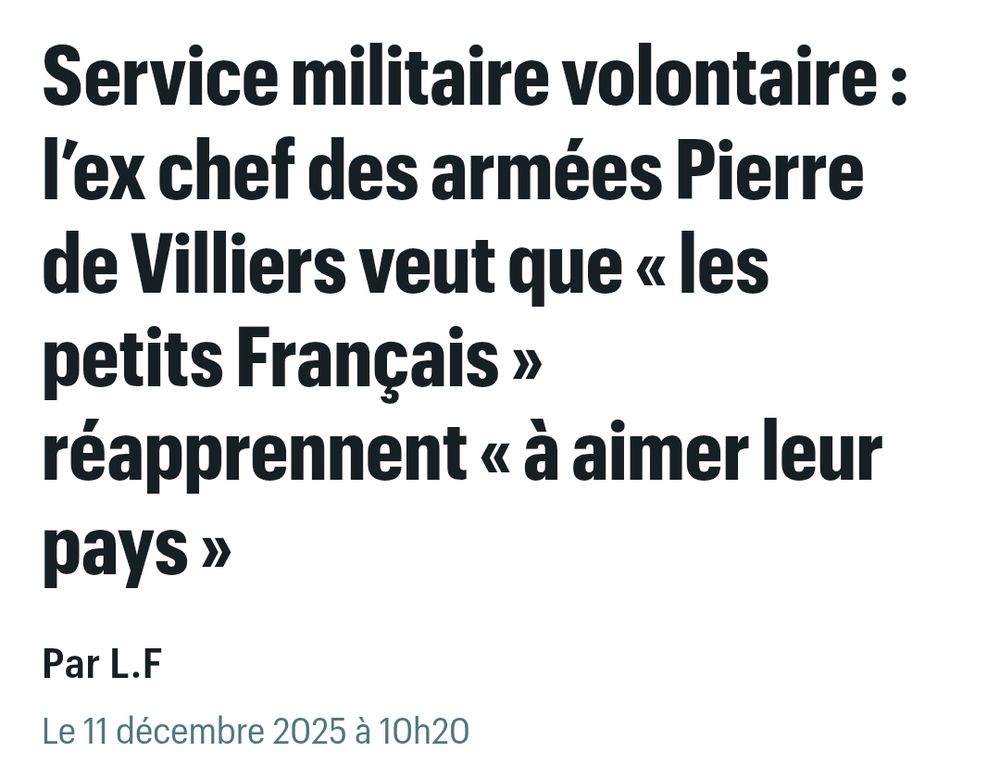 Service militaire volontaire : l’ex chef des armées Pierre de Villiers veut que « les petits Français » réapprennent « à aimer leur pays »
Par L.F 
Le 11 décembre 2025 à 10h20