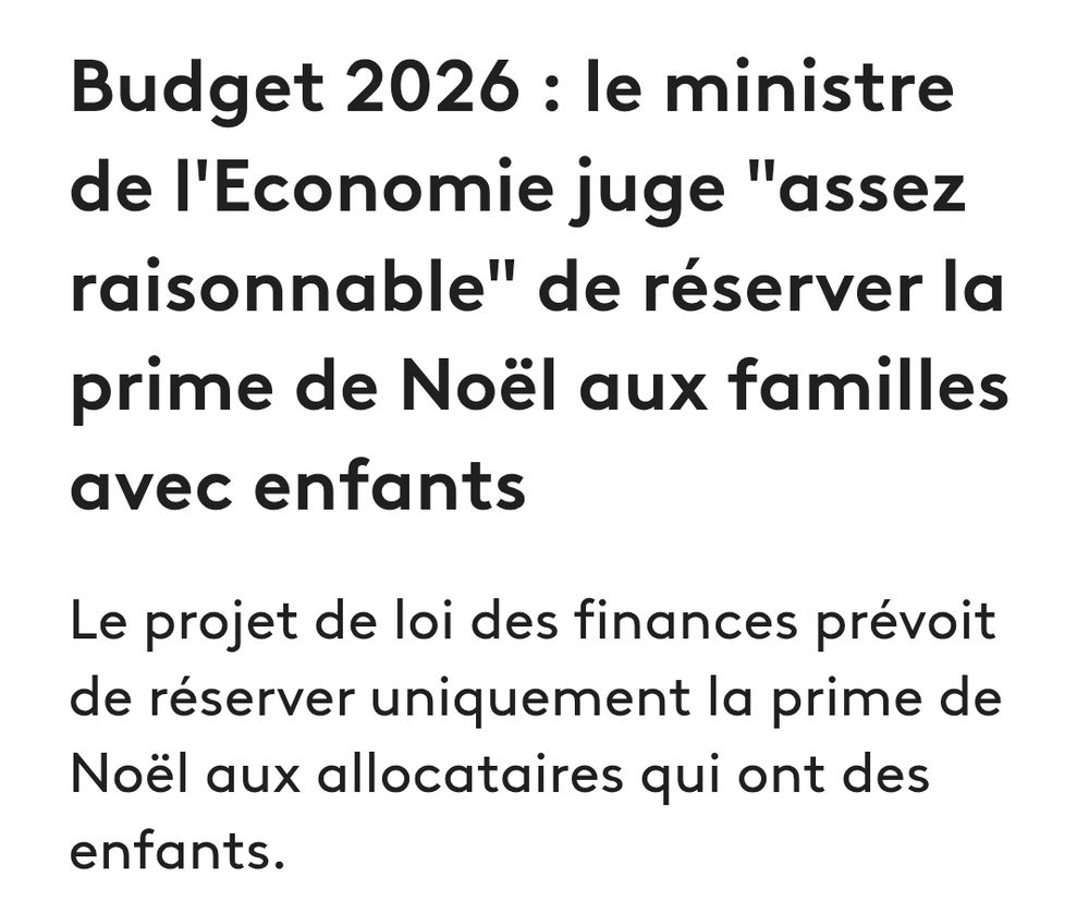France info

Budget 2026 : le ministre de l'Economie juge "assez raisonnable" de réserver la prime de Noël aux familles avec enfants
Le projet de loi des finances prévoit de réserver uniquement la prime de Noël aux allocataires qui ont des enfants.

Publié le 05/11/2025 22:33