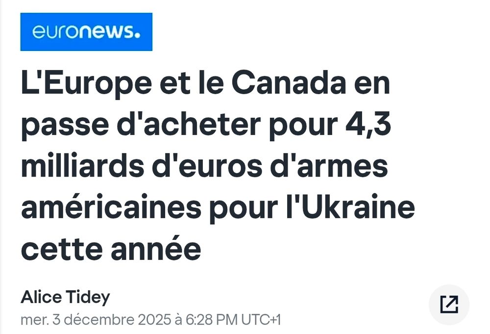 Euronews
L'Europe et le Canada en passe d'acheter pour 4,3 milliards d'euros d'armes américaines pour l'Ukraine cette année
Alice Tidey
mer. 3 décembre 2025 à 6:28 PM UTC+1