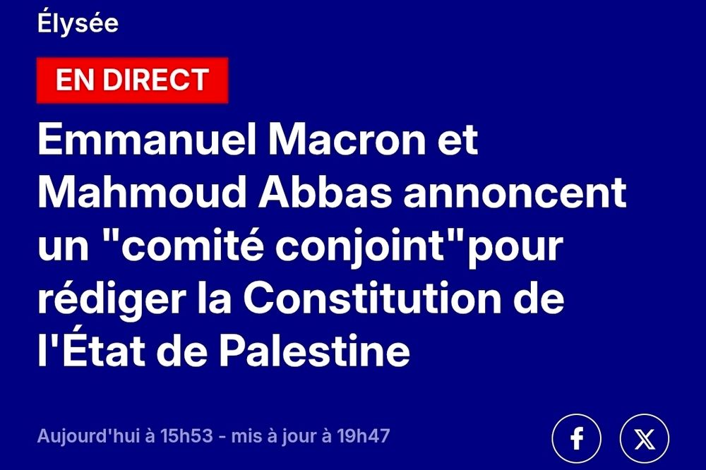 Bfmtv
en direct
Emmanuel Macron et Mahmoud Abbas annoncent un "comité conjoint"pour rédiger la Constitution de l'État de Palestine
Aujourd'hui à 15h53 - mis à jour à 19h47