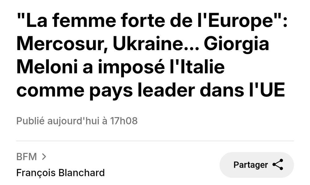 "La femme forte de l'Europe": Mercosur, Ukraine... Giorgia Meloni a imposé l'Italie comme pays leader dans l'UE
Publié aujourd'hui à 17h08
BFM
François Blanchard