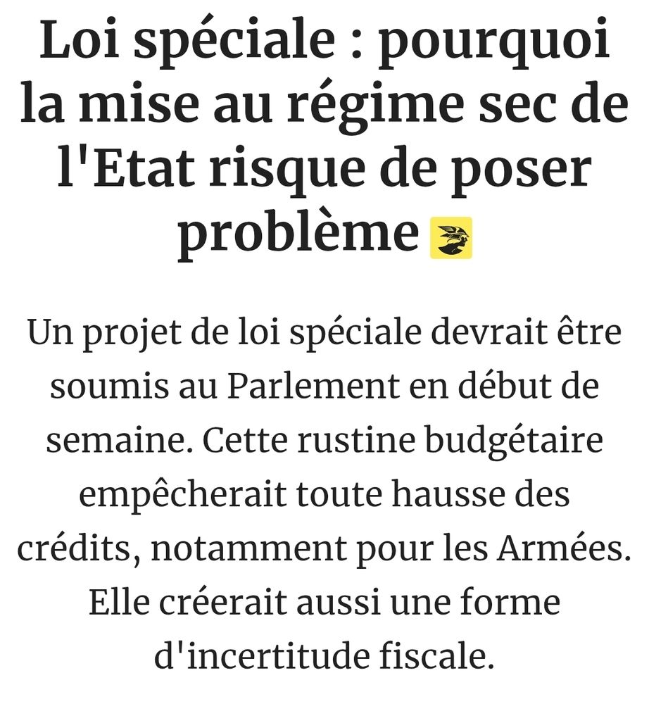 Loi spéciale : pourquoi la mise au régime sec de l'Etat risque de poser problème 
Un projet de loi spéciale devrait être soumis au Parlement en début de semaine. Cette rustine budgétaire empêcherait toute hausse des crédits, notamment pour les Armées. Elle créerait aussi une forme d'incertitude fiscale.
Par Sébastien Dumoulin, Stéphane Loignon

Publié le 20 déc. 2025 à 