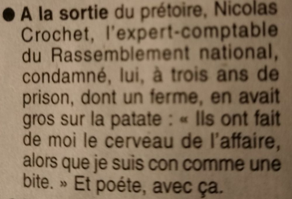 photo extrait Canard Enchainé

A la sortie du prétoire, Nicolas Crochet, l'expert comptable du RN, condamné, lui, à trois ans de prison, dont un ferme, en vait gros sur la patate : "ils ont fait de moi le cerveau de l'affaire, alors que je suis con comme une bite." Et poète, avec ça.