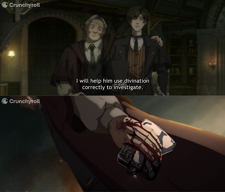 Two images from Lord of Mysteries. The top image shows Old Neil with his arm around Klein's shoulder. Text below reads, 