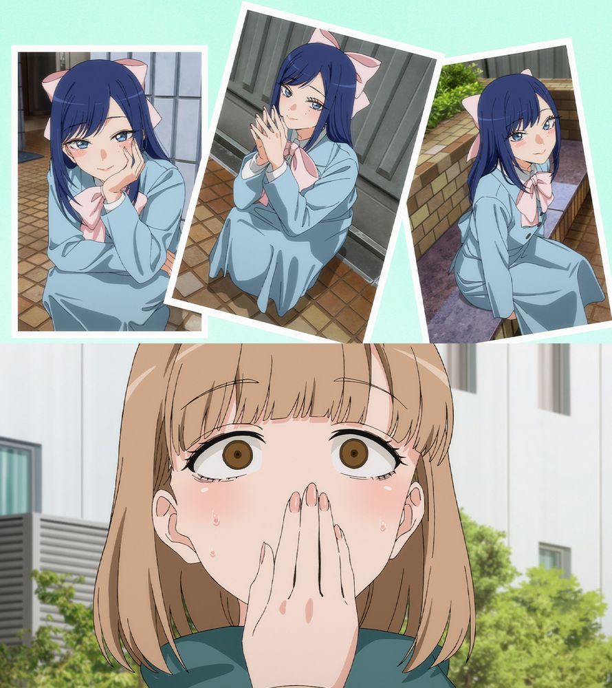 Two images from My Dress-Up Darling Season 2. The top image features three photos of Amane in various poses, cosplaying a character named Hotuko. The bottom image features a close-up of Suzuka, in shock, covering her mouth with her hand.