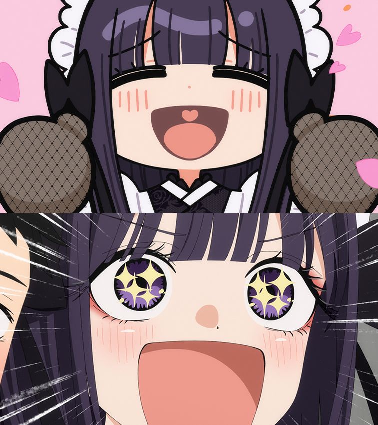 Two images from My Dress-Up Darling Season 2. The top image features a close-up of a chibi version of Marin in cosplay as Shizuku-Tan, blushing with a wide smile on her face. The bottom image features a close-up of Marin in cosplay as Shizuku-Tan, with a wide smile on her face and her eyes sparkling.