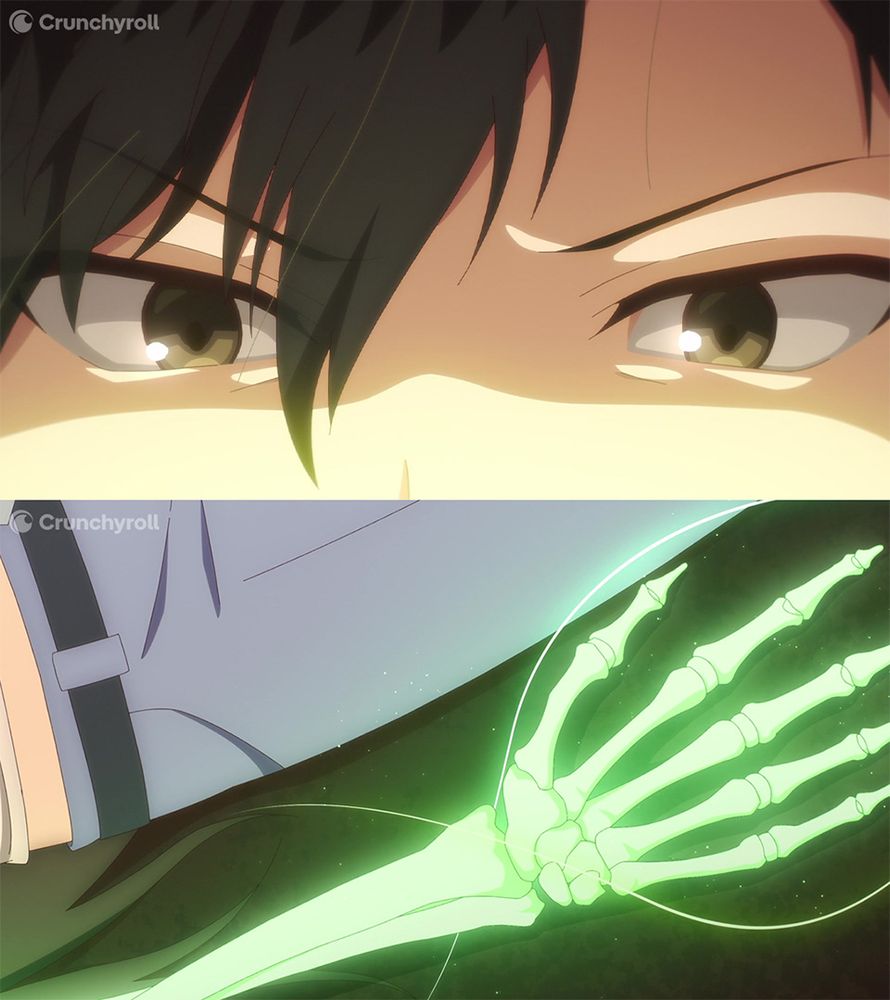 Two images from The Brilliant Healer's New Life in the Shadows. The top image features a close-up of Zenos's eyes, lit underneath by a subtle green glow. The bottom image features a close-up of a skeletal arm, the bones glowing green.