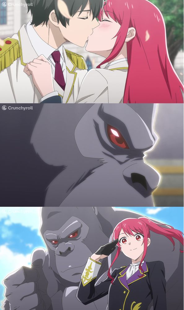 Three images from The Gorilla God’s Go-To Girl. The top image features a close-up of Sophia and Louis kissing. The next image features a close-up of the profile of a gorilla's face. The bottom image features Sophia with her hand to her brow in a salute, as the gorilla spirit behind her gives a thumbs up.