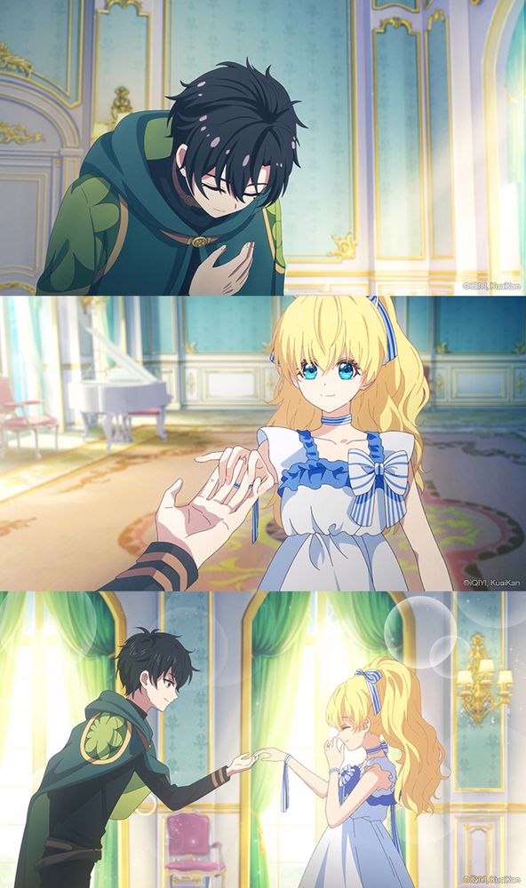 Three images from The Fated Magical Princess: Who Made Me a Princess. The top image features Lucas bowing with one hand on his chest. The next image features Athanasia reaching out to grab Lucas' hand. The bottom image features Lucas smiling and Athanasia giggling with one hand over her mouth as she reaches for his outstretched hand.