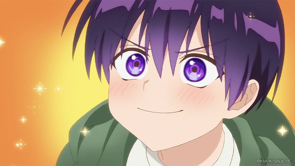 A close-up of Izumi from Shikimori's Not Just a Cutie smiling as the air sparkles around him.