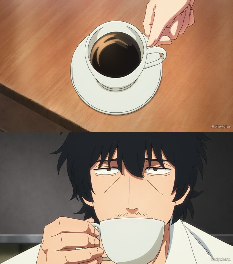 Two images from "Detectives These Days Are Crazy!". The top image is a close-up of a cup of black coffee resting on a table. The bottom image features Nagumo with a deadpan look on his face as he raises a coffee cup to his lips.