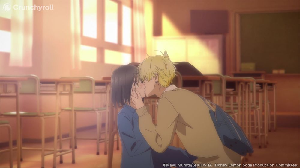 Kai and Uka from Honey Lemon Soda kiss in a sunlit classroom.
