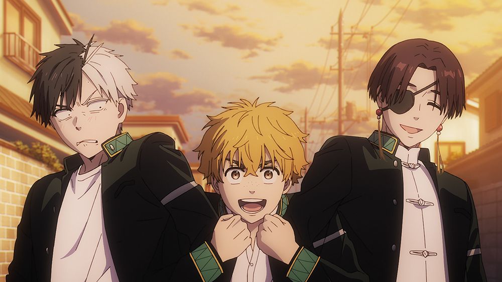 Suo, Nirei, and Sakura from WIND BREAKER Season 2 stand together in a doorway. Suo and Nirei are smiling while Sakura has a deadpan scowl on his face.