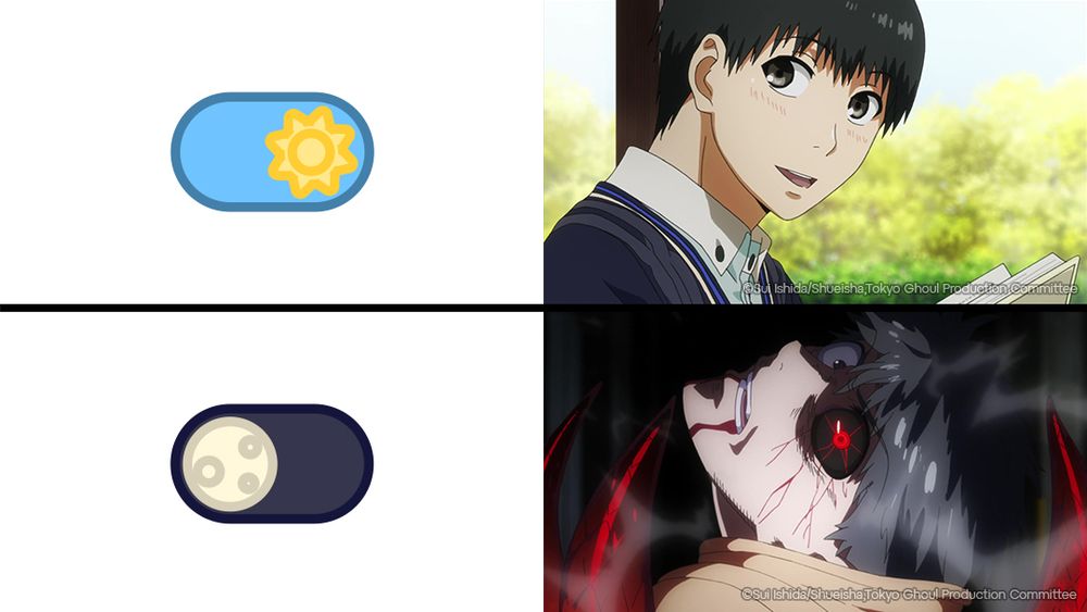 Graphic split into 4 quadrants. The first quadrant features a slider icon with a button shaped like a sun in the on position. The second quadrant features a close-up of Kaneki from Tokyo Ghoul smiling as he holds a book by a sunny window. The third quadrant features a slider icon with a button shaped like a moon in the off position. The fourth quadrant features Kaneki transformed into a ghoul with a crazed look on his face and his kagune up around his shoulders. His face is angled so that the side of his face with the black and red bloodshot eye is fully visible.