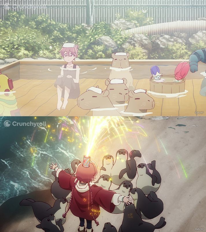 Two images from Apocalypse Hotel. The top image features Yachiyo sitting in a public bath next to a group of capybara and aliens. In the bottom image, Yachiyo stands on a beach with her arms outstretched as she sets off a firework on top of her head, as seals surround her.